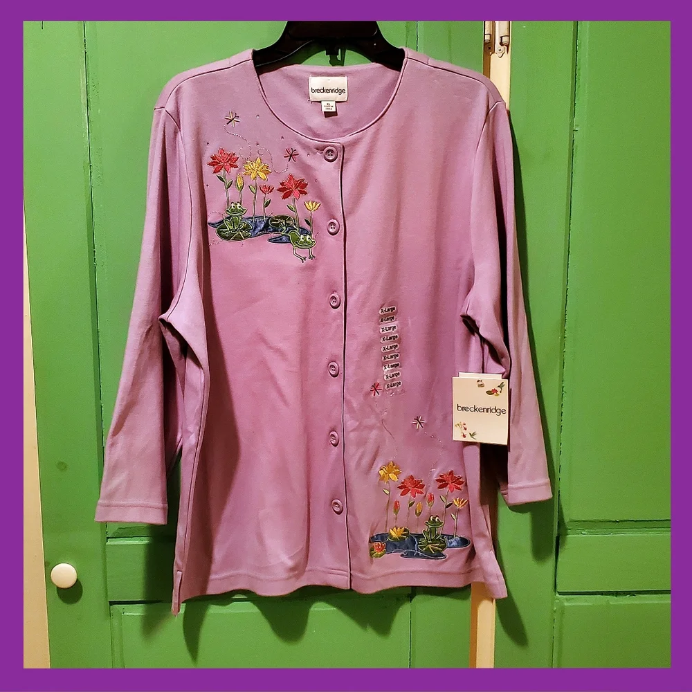Vintage Lavender Embroidered Front Button Knit Blouse - Picture 7 of 12